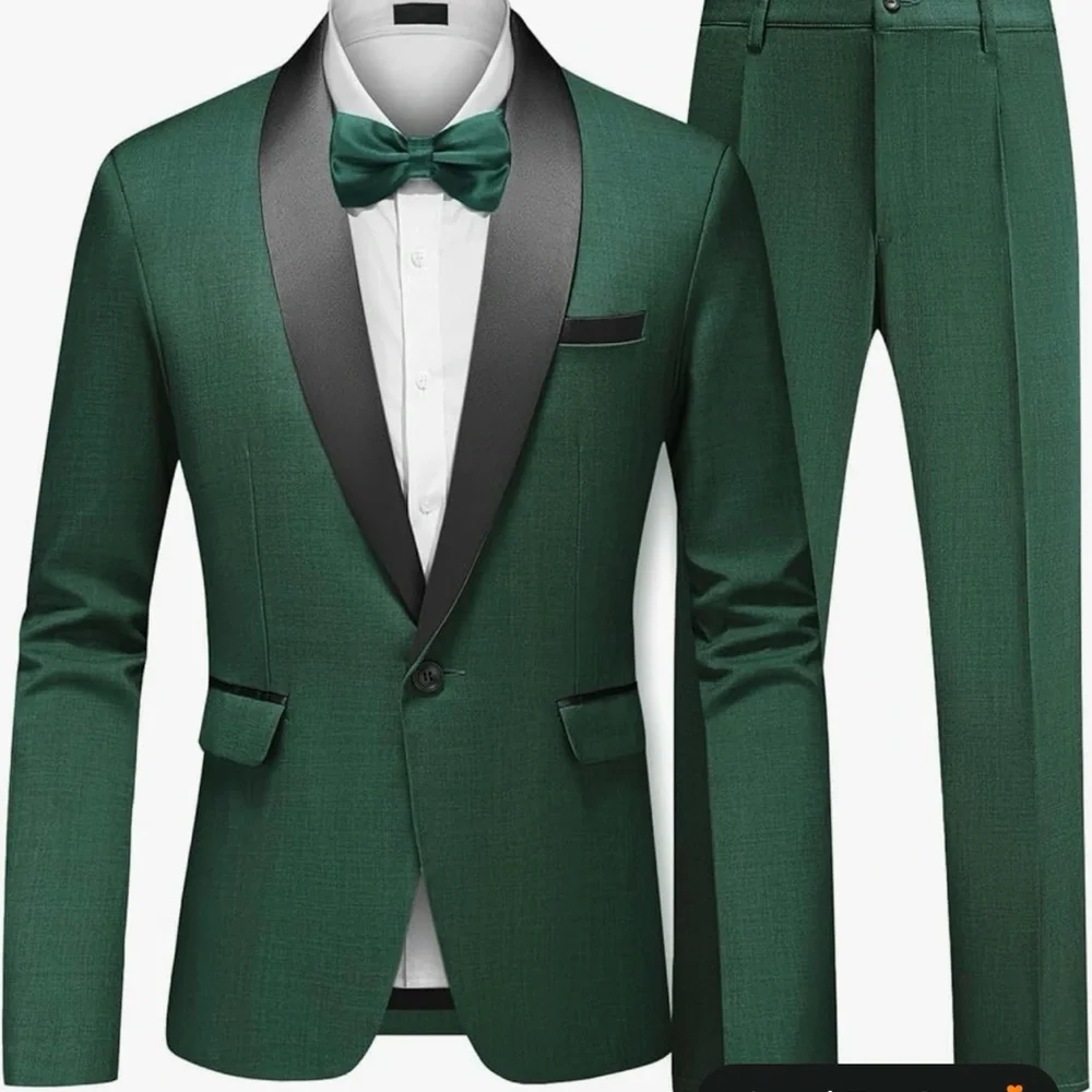 Men's emerald Green Satin Lapel slim fit Tuxedo Suit with Bow Tie